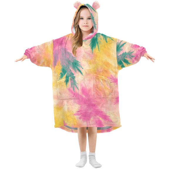 Yellow Pinkish Green Tie Dye Leaves Flannel Wearable Blankets Hooded Design Long Sleeves Wrap Unisex for 3T-14Y M
