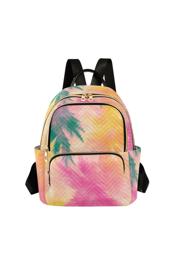 Yellow Pinkish Green Tie Dye Leaves Quilted Backpack Fashion Daypack Commuter Bag for Women 14 L