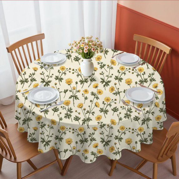 Yellow Pioneer Flower Pattern Round Tablecloth 60"x60", Wrinkle Resistant Wipeable Table Cover for Kitchen Dining Room Picnic Patio and Party