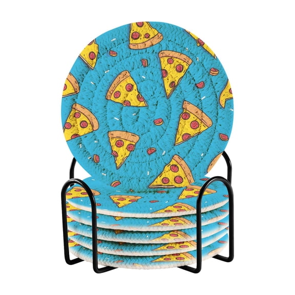 Yellow Pizza Pattern Bar Coasters 6 Pack Braided Coasters with Holder Absorbent Heat Resistant