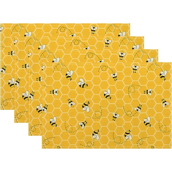 Yellow Placemats Set of 4 Cute Honey Bee Summer Decor Place Mats 12x18 Inch Honeycomb Seasonal Holiday Decorative Linen Table Mats for Home Kitchen Dining Party Table Decoration