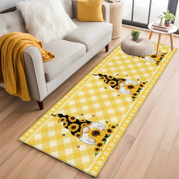 Yellow Plaid 2'x6' Runner Rugs for Hallway Kitchen Bedside Non Slip Washable, Sunflower Gnomes Elegant Pastoral Entryway Rug Runners with Rubber Backing, Long Carpet Runner for Laundry Room