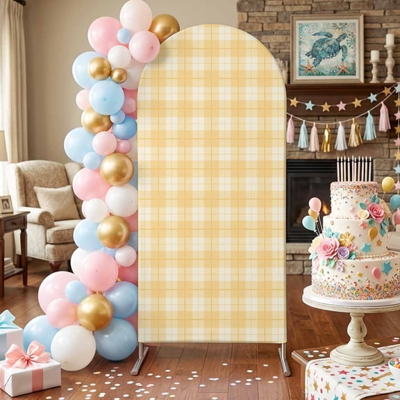 Yellow Plaid Arch Backdrop Covers 4 FT, Country Rustic Farmhouse Classic Minimalist Checkered Stretchy Fitted Arched Stand Covers Party Arch Stand Cover Photo Booth for Wedding Birthday Decor
