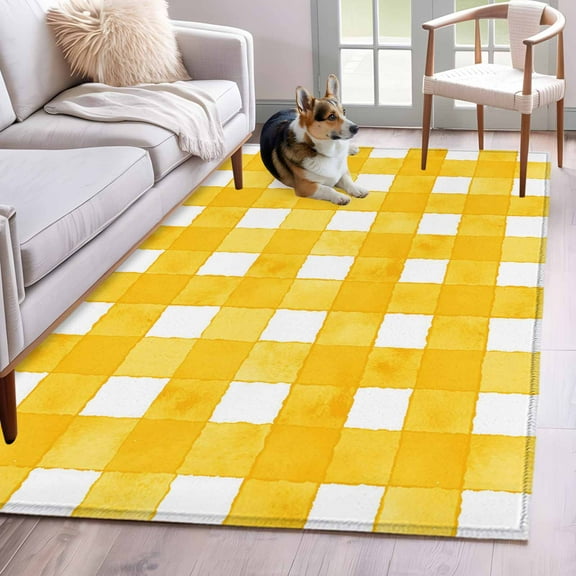 Yellow Plaid Area Rug 4x6 Washable Rug Non Slip Watercolor Grid Checker Gingham Farmhouse Large Area Rug Indoor Floor Carpet for Entryway Bedroom Kitchen Living Room Home Office Dining Room Nursery