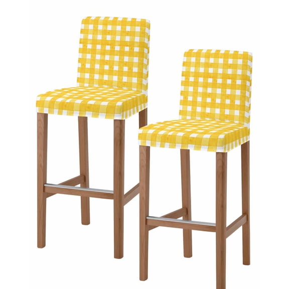 Yellow Plaid Bar Stool Covers Set of 2, Watercolor Grid Checker Gingham Farmhouse Stretch Washable Bar Chair Covers with Backs, Removable Pub Counter Height Chair Cover for Kitchen Dining Room Cafe