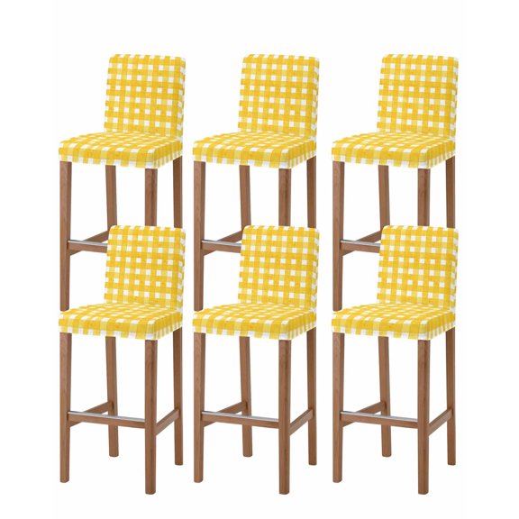 Yellow Plaid Bar Stool Covers Set of 6, Watercolor Grid Checker Gingham Farmhouse Stretch Washable Bar Chair Covers with Backs, Removable Pub Counter Height Chair Cover for Kitchen Dining Room Cafe
