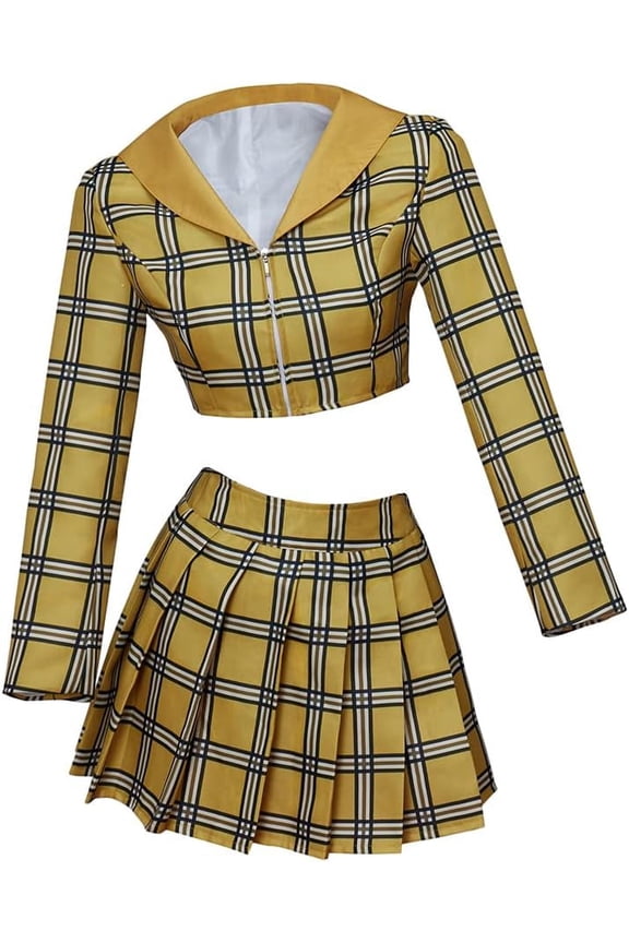 Yellow Plaid Clueless Cher Dress Crop Top Skirt Suit Outfit for Women Girls