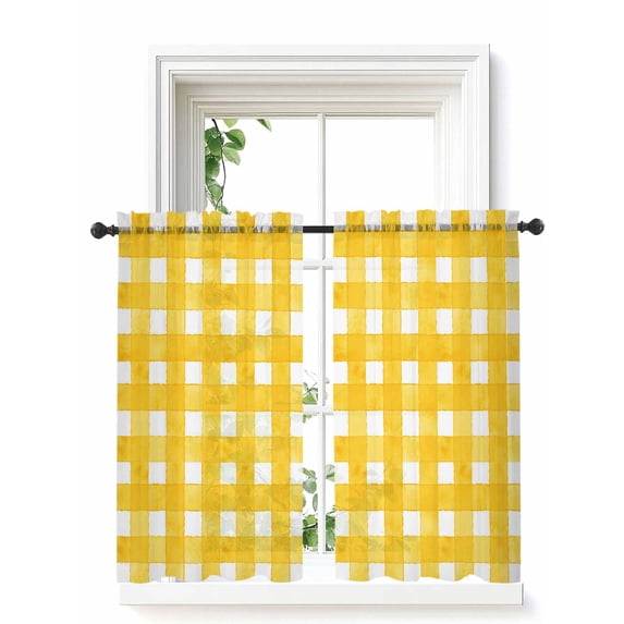 Yellow Plaid Curtains 54 Inch Length,Sheer Curtains for Bedroom Living Room Window Watercolor Grid Checker Gingham Farmhouse Rod Pocket Drapes Kitchen Curtains Small Half Window 42"x54" 2 Panels