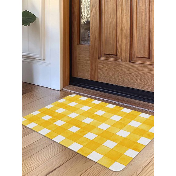 Yellow Plaid Door Mat Indoor Outdoor Entrance,Non Slip Small Rug for Kitchen Bathroom Entryway Rug,Watercolor Grid Checker Gingham Farmhouse Washable Doormat Floor Mat for Office Home 18x30 Inch