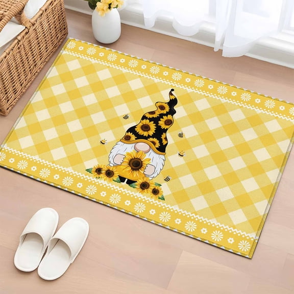 Yellow Plaid Entryway Rug 2'x3'&nbsp; Non Slip Front Door Mats, Sunflower Gnomes Elegant Pastoral Entrance Rugs Indoor Outdoor Carpet, Washable Floor Mats Small Area Rug for Bedroom Kitchen