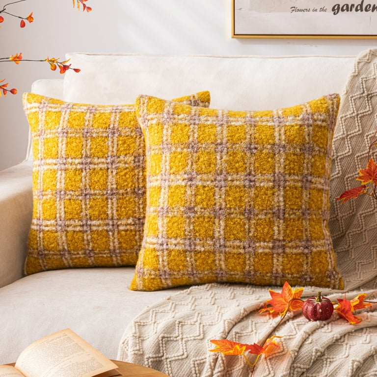Yellow Plaid Fall Throw Pillow Covers Set Of 2, Boucle Decorative