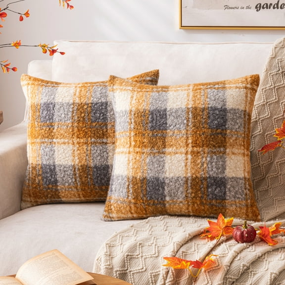 Yellow Plaid Fall Throw Pillow Covers Set Of 2, Boucle Decorative Pillow Covers,Cozy Fluffy Home Living Room Farmhouse Decor for Sofa Couch Bed