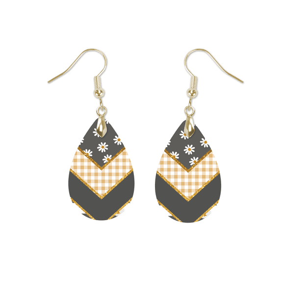 Yellow Plaid Flowers Teardrop Earrings 1.5 Inch Dangle Pierced Ears
