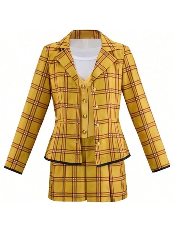 Yellow Plaid Jacket Skirts Set Schoolgirls Outfit for Adult Women