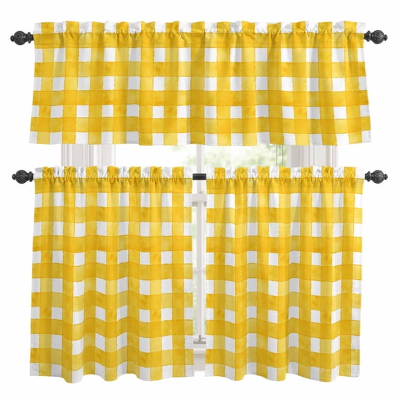 Yellow Plaid Kitchen Curtains Sets for Windows 36 Inch Length, Watercolor Grid Checker Gingham Farmhouse Rod Pocket Window Treatments Tier Curtains and Valances Set for Bedroom/Bathroom