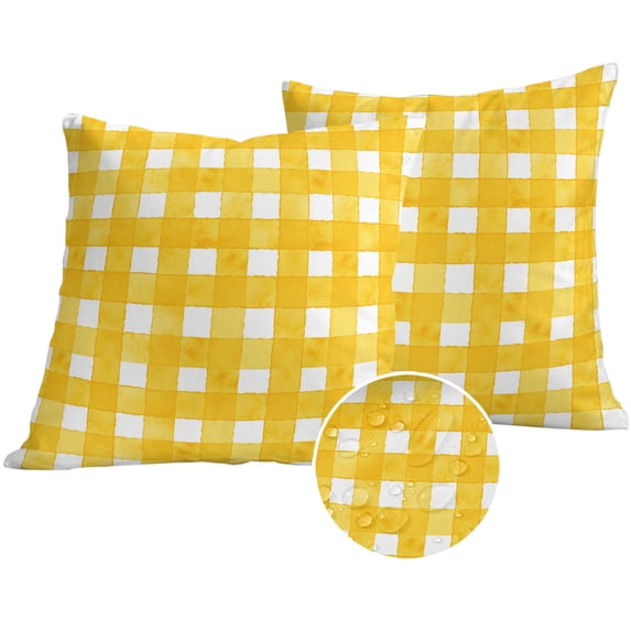 Yellow Plaid Outdoor Pillow Covers 24x24 Set of 2,Waterproof Patio Throw Pillowcase Protectors,Watercolor Grid Checker Gingham Farmhouse Decorative Pillow Shams Cushion Covers for Seat Bed Couch Sofa