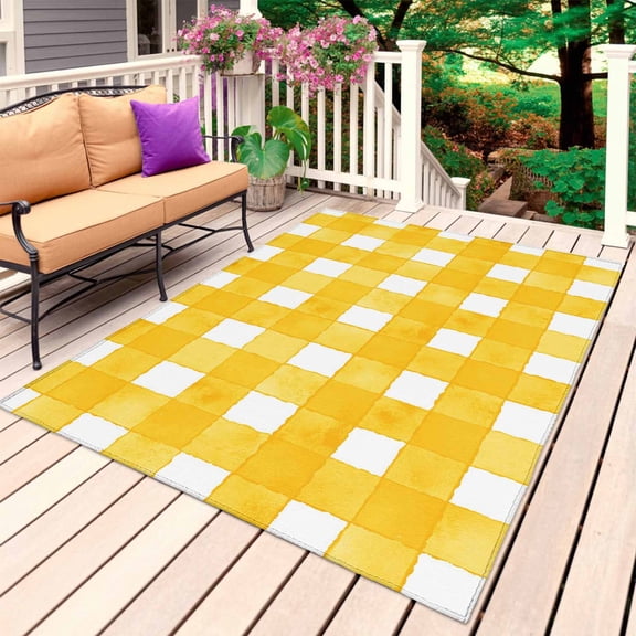 Yellow Plaid Outdoor Rug for Patio/Deck/Porch, Non-Slip Large Area Rug 4 x 6 Ft, Watercolor Grid Checker Gingham Farmhouse Indoor Outdoor Rugs Washable Area Rugs, Reversible Camping Rug Carpet Runner