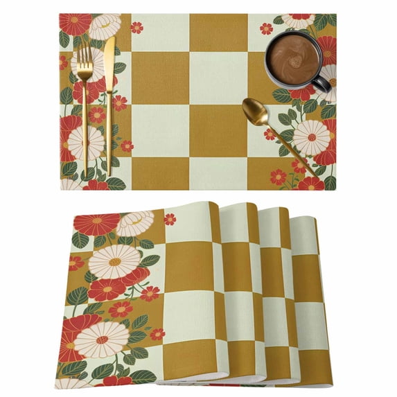 Yellow Plaid Placemats Set of 4, Japanese Red Floral Flowers Buffalo Checked Placemats for Dining Table, Place Mats for Kitchen Tabletop, Waterproof Wipeable Dining Table Mats Set