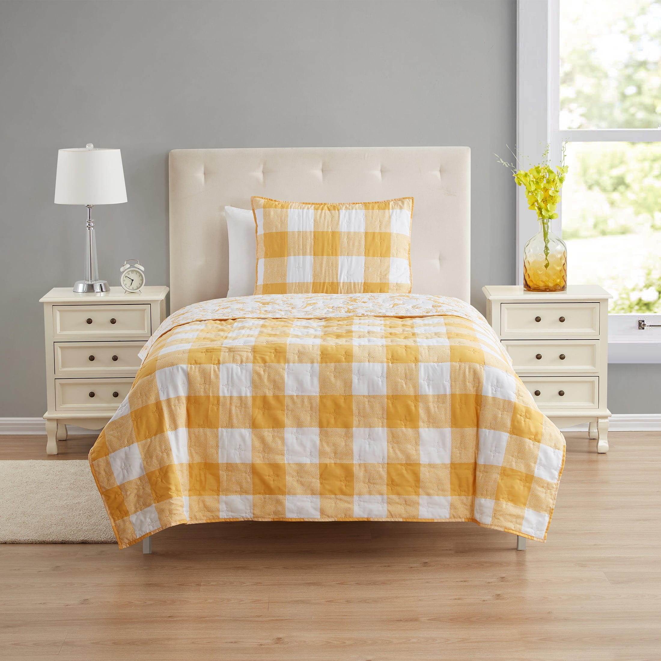 Yellow Plaid Reversible Quilt Set with Tote, Mainstays, Twin, 3 Pieces