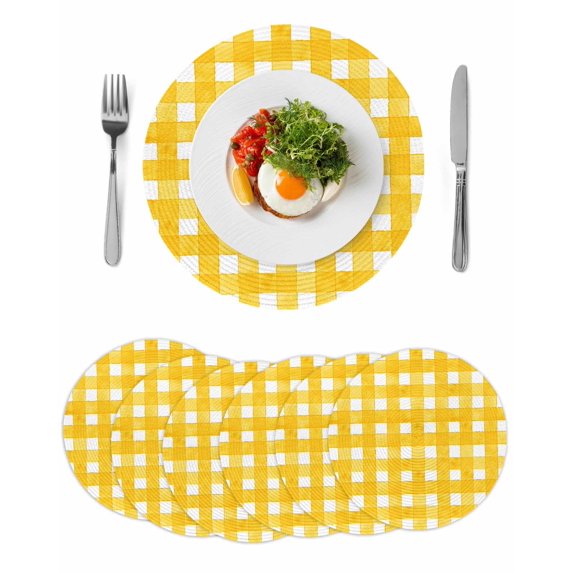Yellow Plaid Round 15 Inch Placemats Set of 6, Watercolor Grid Checker Gingham Farmhouse HeatResistant Non Slip Place Mats for Dining Table, Wipeable Braided Kitchen Table Mats for Housewarming