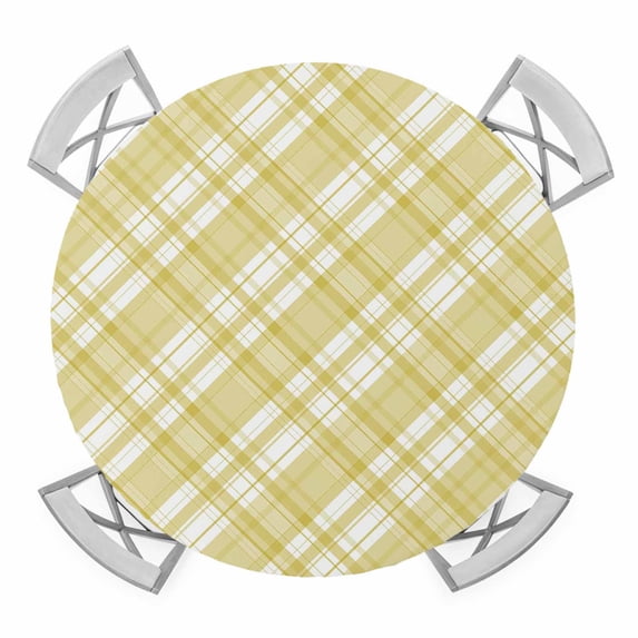 Yellow Plaid Round Table Cover, Yellow White Grids Bright Geometric Waterproof Fitted Tablecloths for 55"-60" Tables, Washable Picnic Table Cover for Camping Dining Indoor Outdoor