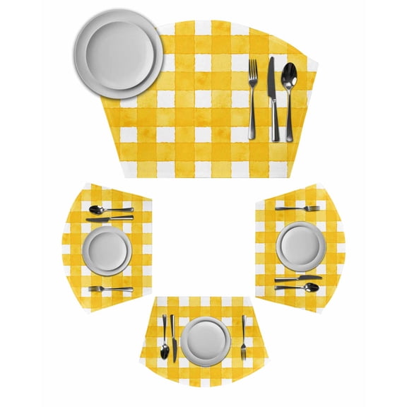 Yellow Plaid Round Table Placemats Set of 2 Wedge Placemats, Watercolor Grid Checker Gingham Farmhouse Place Mats for Dining Table Set Washable Mats Kitchen Decor for Indoor Outdoor Wipe Clean