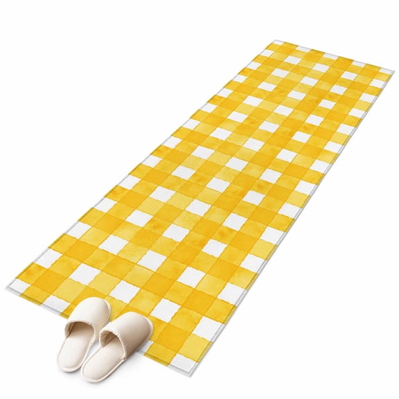Yellow Plaid Runner Rug 2x6 Washable Kitchen Rug Non-Slip Lightweight Thin Soft Low Pile Bathroom Runner Watercolor Grid Checker Gingham Farmhouse Carpet for Hallway Laundry Room Bedroom Entryway