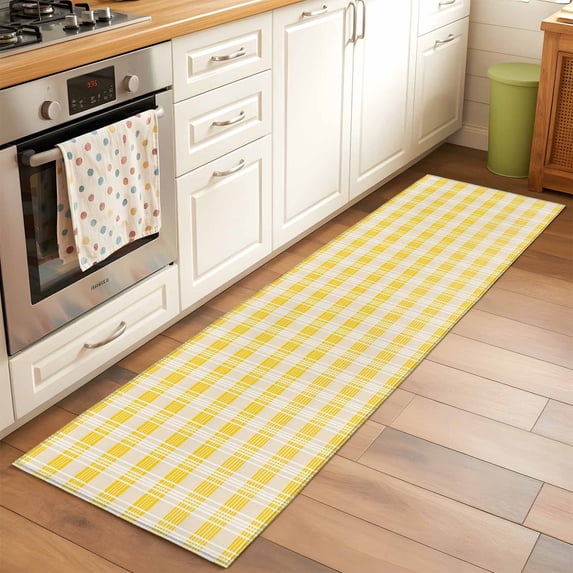 Yellow Plaid Runner Rugs 2x6 ft Abstract Striped Vintage Beige Stripe Retro Washable Hallway Rugs Non-Slip Floor Mats Absorbent Carpet Bedside Runners for Bedroom Kitchen Bathroom Laundry Room