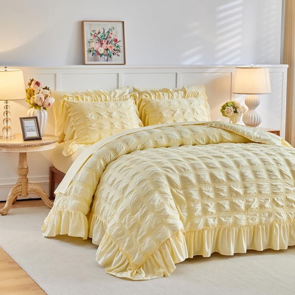 Yellow Plaid Seersucker Comforter Set with Ruffled Fringe Queen Size, 3 Pieces Lightweight Soft Fluffy Farmhouse Bedding Set for All Season, Queen Bed Set with Ruffle Shams (Yellow, Queen)