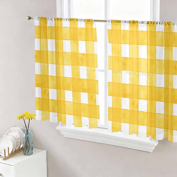 Yellow Plaid Semi Sheer Window Curtains 45 Inches Long, Watercolor Grid Checker Gingham Farmhouse Rod Pocket Voile Silky Chiffon Curtain Light Filtering Drapes for Living Room, 52"x45", 2 Panels