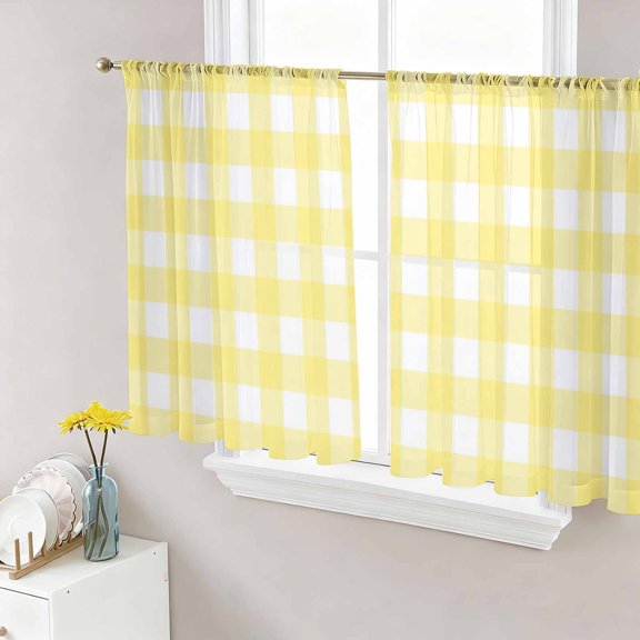 Yellow Plaid Sheer Curtains 54 Inch Length 2 Panels Set, Modern Minimalist Checkered Voile Window Treatment Rod Pocket Short Kitchen Curtains Drapes for Bedroom 52"x54"x2