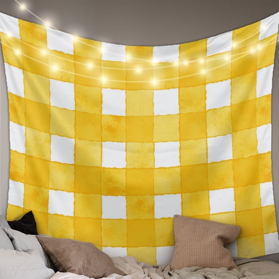 Yellow Plaid Small Tapestry for Bedroom Wall Hanging Tapestry,Watercolor Grid Checker Gingham Farmhouse Ceiling Backdrop Tapestries Poster Blanket Wall Decor for Teens Room Living Room Dorm 23" x 28"