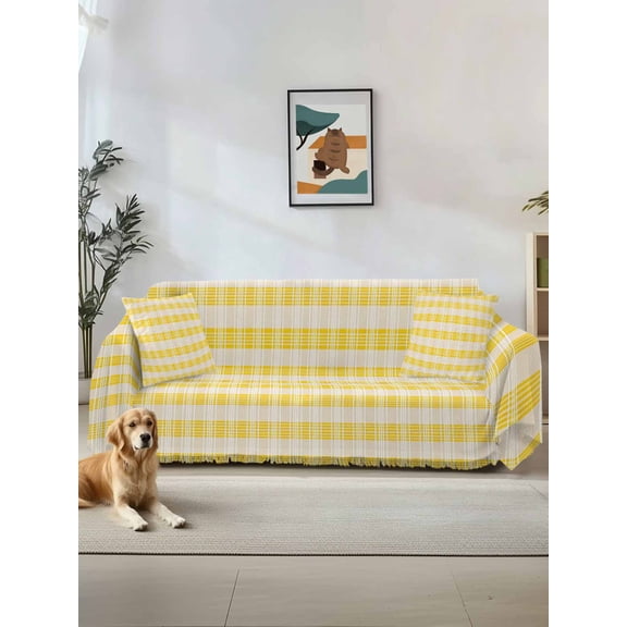 Yellow Plaid Striped Couch Cover for Dogs, Farmhouse Checkered Modern Abstract Art Washable Sofa Covers Slipcover for Pets Dogs Futon Cover, Couch Recliner Covers, Oversized Chair Slipcover 71"x91"