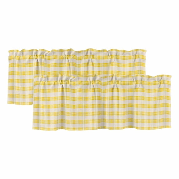 Yellow Plaid Striped Curtain Valances for Windows, Kitchen Valance Window Treatments Panel 2 Pack, Farmhouse Checkered Modern Abstract Art Rod Pocket Short Curtains for Bathroom Bedroom 60 x 18 Inch
