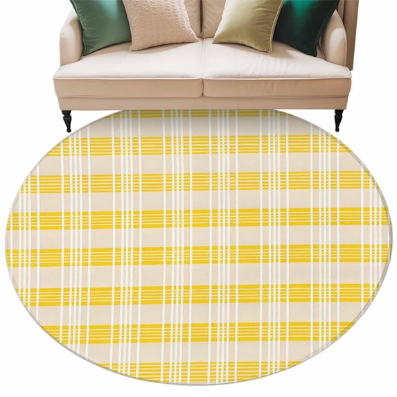 Yellow Plaid Striped Round Area Rugs Collection 6', Farmhouse Checkered Modern Abstract Art Non Slip Indoor Circular Throw Runner Rug Floor Mat Carpet for Living Room Dining Table Bedroom Nursery