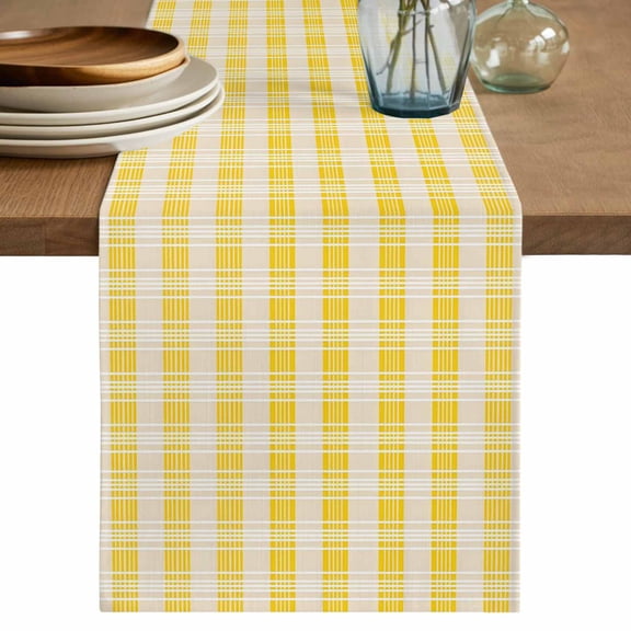 Yellow Plaid Striped Table Runner 36 Inches, Farmhouse Checkered Modern Abstract Art Bed Runner Dresser Scarves Tabletop for Indoor Outdoor Parties/Ceremony/Banquet, 13"x 36"