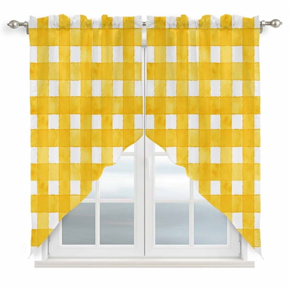 Yellow Plaid Swag Curtains Watercolor Grid Checker Gingham Farmhouse Swag Valances for Kitchen Windows, Window Treatment Topper Curtains for Living Room Bedroom Bathroom, 36" W x 36" L