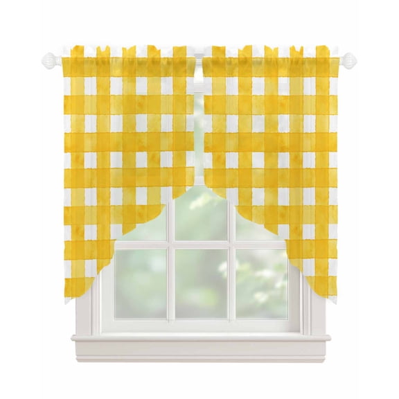 Yellow Plaid Swag Valances for Windows, Watercolor Grid Checker Gingham Farmhouse Rod Pocket Sheer Valances for Small Windows, Swag Toppers Light Filtering for Kitchen Living Room 2 Panels 36''x36''