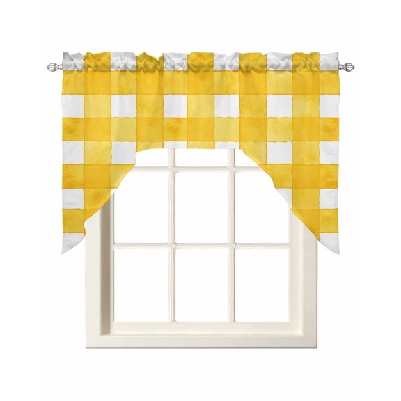 Yellow Plaid Swag Valances for Windows, Watercolor Grid Checker Gingham Farmhouse Swag Curtains for Kitchen, Living Room, Small Window Treatments Drapes Curtains for Cafe, Bathroom, Bedroom, 56"x36"