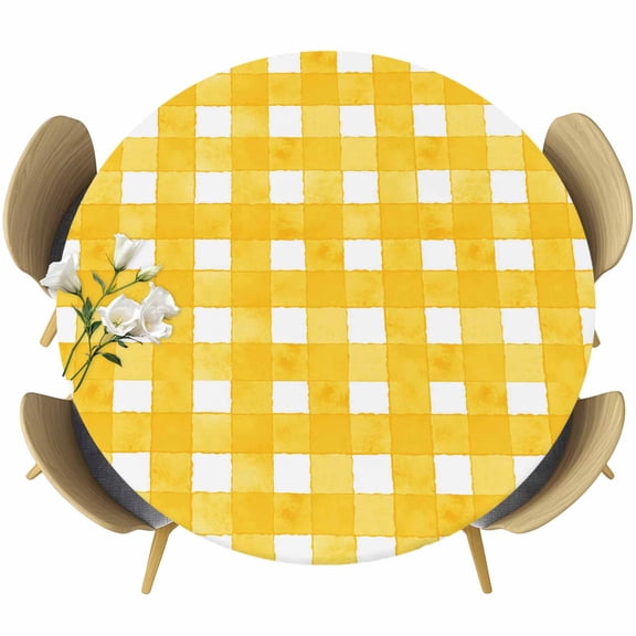 Yellow Plaid Table Cloth, Round Fitted Tablecloths with Elastic Edge, Watercolor Grid Checker Gingham Farmhouse Wipeable Waterproof Table Cover for Kitchen Wedding 36-44 Inches