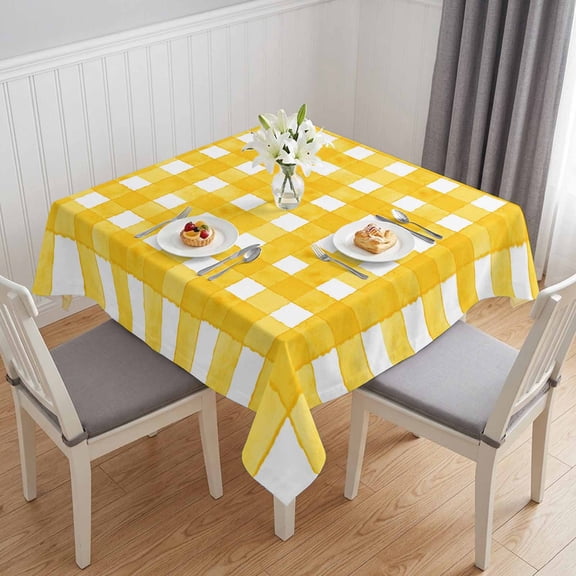 Yellow Plaid Table Cloth Waterproof Tablecloths, Watercolor Grid Checker Gingham Farmhouse Tablecloth Dining Table Cover for Kitchen Party Tabletop Outdoor, Square Tablecloth 54x54 Inch