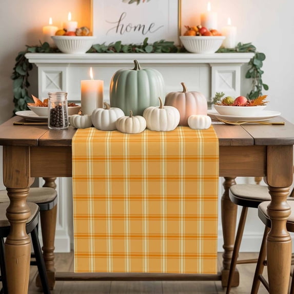Yellow Plaid Table Runner, Autumn Thanksgiving Kitchen Dining Table Decoration for Home Party Decor 13x90 Inches