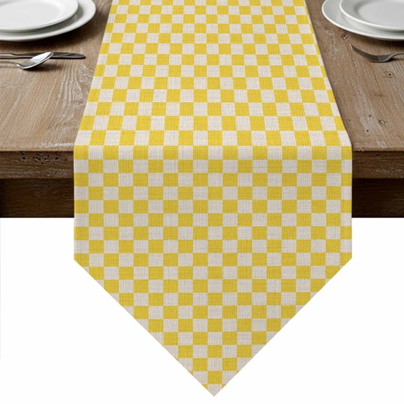 Yellow Plaid Table Runner Linen Burlap Table Runner 90 Inches Long Vintage Geometric Checkered Beige Dresser Scarves for Kitchen Island Coffee Dining Room Party Wedding Banquet Holiday Decor 13"x90"
