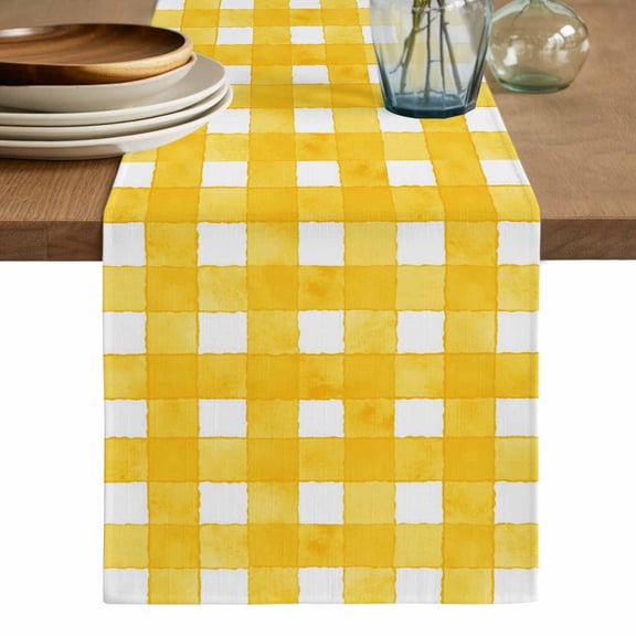 Yellow Plaid Table Runner, Watercolor Grid Checker Gingham Farmhouse Washable Cotton Linen Table Runners 108 Inches Long, Dresser Scarf Runner for Dining/Living Room/Kitchen/Square Tables 13''x108''