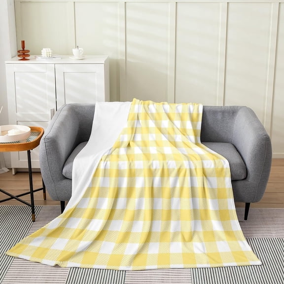 Yellow Plaid Throw Blanket for Couch Bed Soft Flannel Fleece Checkered Blanket