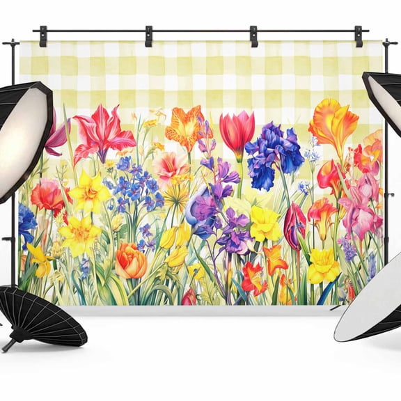 Yellow Plaid Tulip Backdrop for Photography,Fabric Photo Background Backdrop,Spring Floral Watercolor Botanical Photo Booth Background for Portrait Photoshoot Video Wedding Studio Decor Banner 7x5ft
