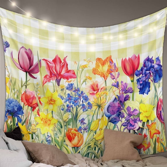 Yellow Plaid Tulip Large Tapestry for Bedroom Wall Hanging Tapestry,Spring Floral Watercolor Botanical Ceiling Backdrop Tapestries Poster Blanket Wall Decor for Teens Room Living Room Dorm 86" x 104"