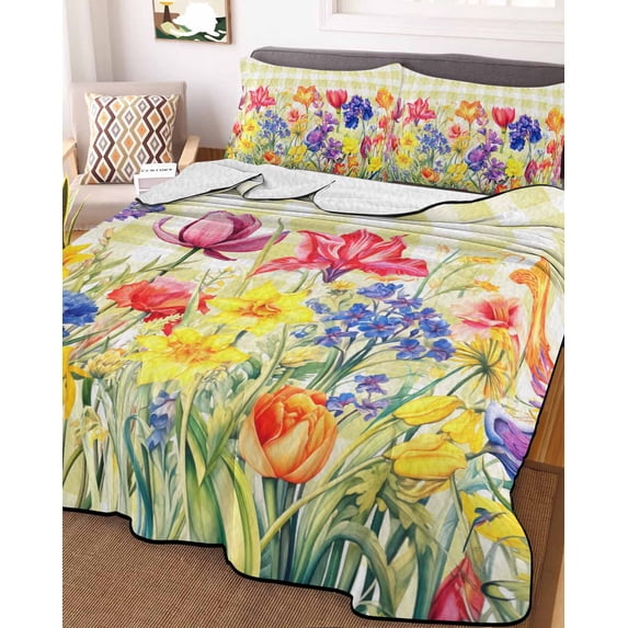 Yellow Plaid Tulip Queen Size Down Alternative Comforter, Lightweight Comforter Quilt Bedding Set with Pillow Shams Spring Floral Watercolor Botanical All Seasons Bed Comforter Duvet Insert 90"x96"