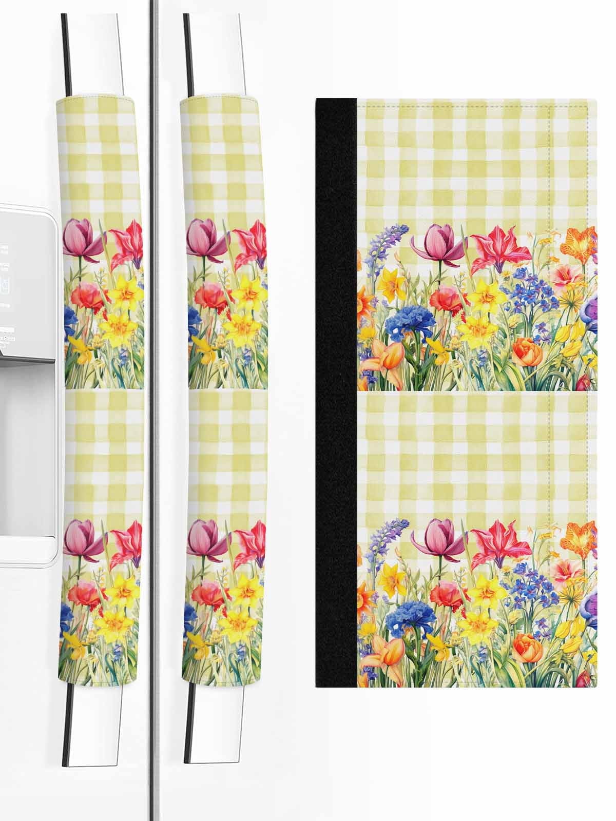 Yellow Plaid Tulip Refrigerator Door Handle Covers Set of 2, Spring Floral Watercolor Botanical Kitchen Fridge Microwave Oven Dishwasher Stove Cabinet Handle Protectors, Washable Appliance Decor