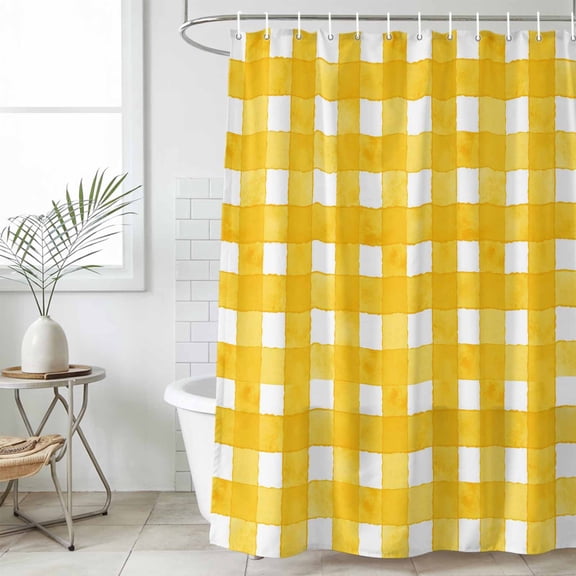 Yellow Plaid Waterproof Fabric Shower Curtain,Watercolor Grid Checker Gingham Farmhouse Waterproof Fabric Shower Curtain for Bathroom Curtains Bathtubs Shower Curtains with 12 Hooks Standard 72x72